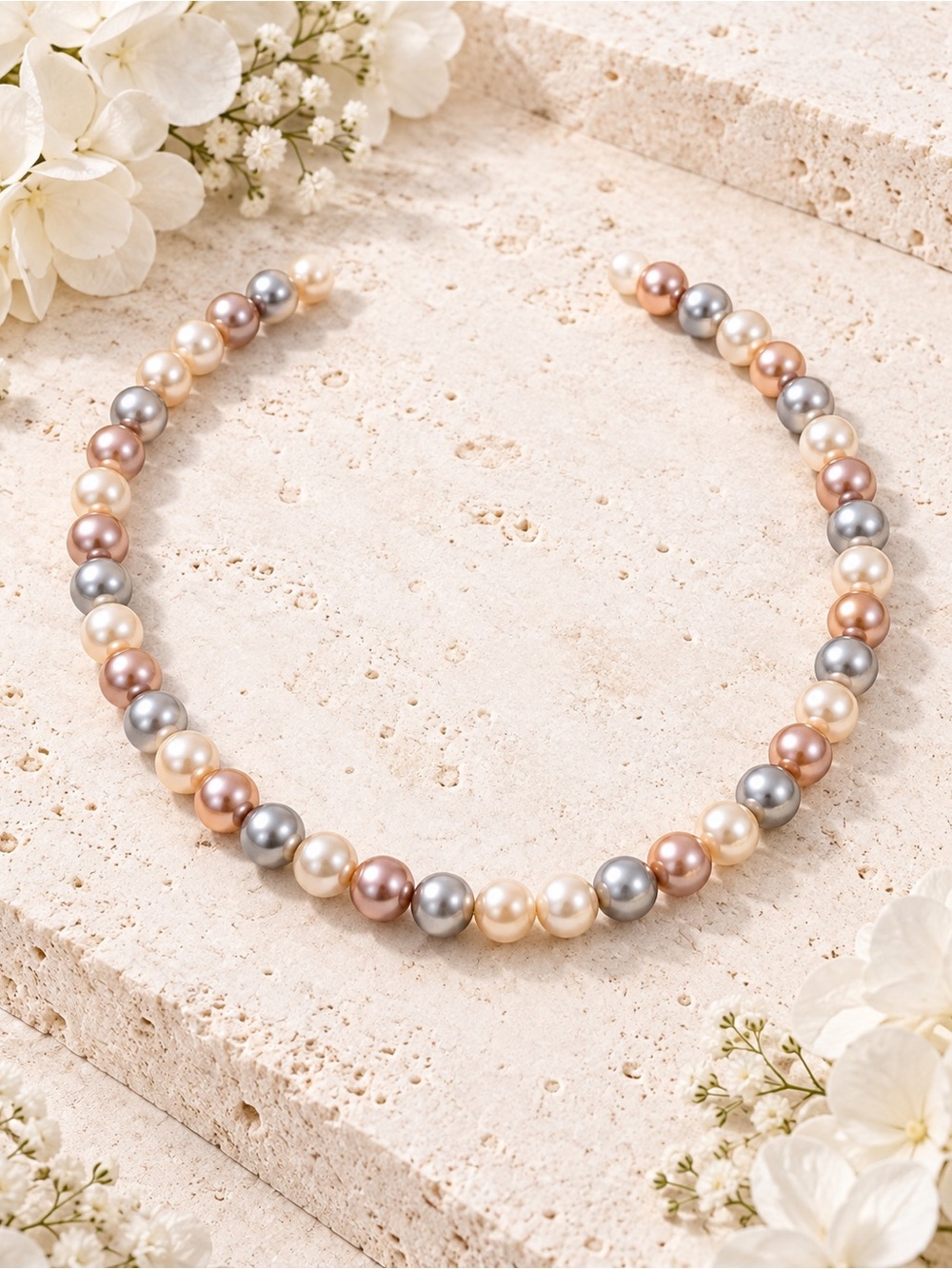 Tri-Tone Pearl Necklace — Cream, Rose, and Silver Elegance
